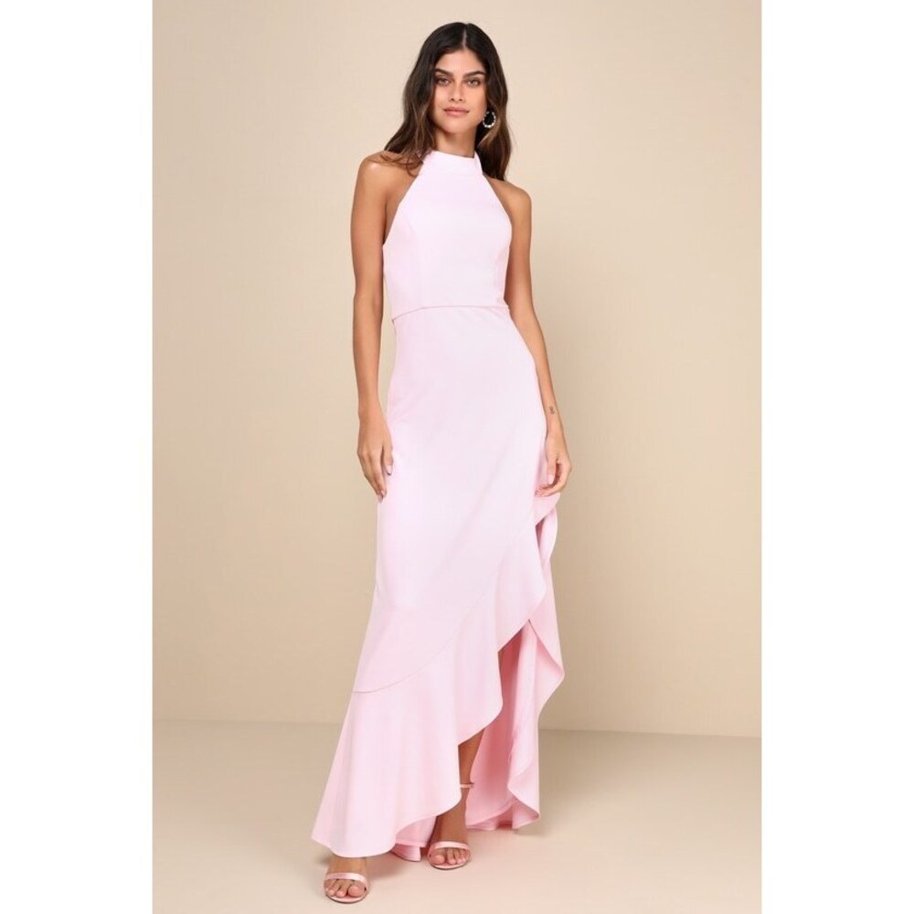 Lulus Majestic Perfection Light Pink Ruffled Halter Maxi Dress - Size M